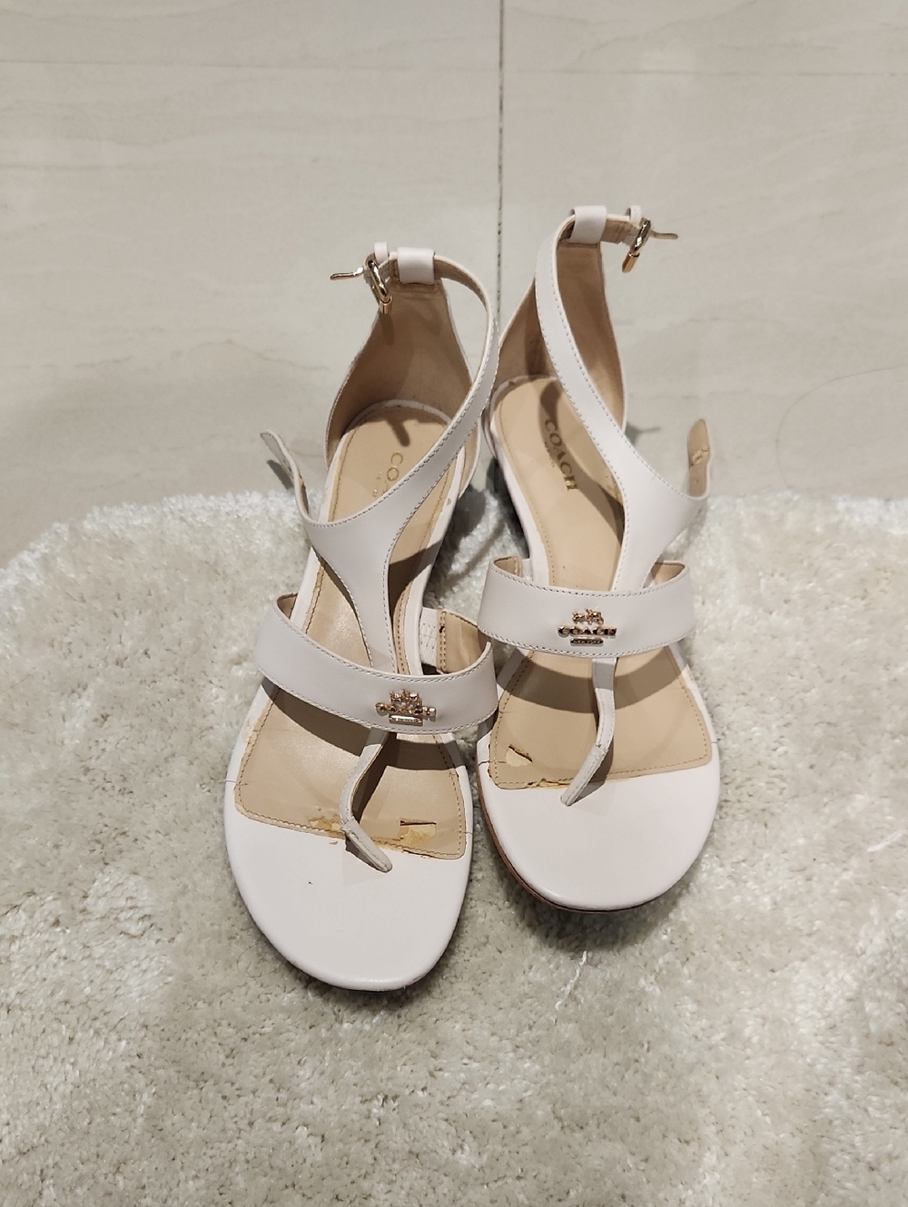 Coach White Leather T-Strap Sandals with Gold Logo